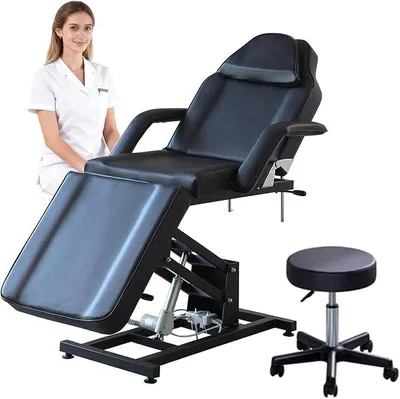Image de Lit de massage électrique à 3 sections, idéal pour les tatouages, couleur noire | Chaise de beauté, réglable en hauteur, avec accoudoirs amovibles, repose-tête, tabouret et housse de lit