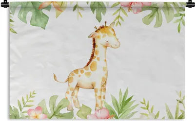 Produktbild von MuchoWow® Wandteppich Wandbehang Giraffe - Dschungel - Blumen - Aquarell 120x80 cm Tapisserie Dekoration Wandtuch - Wanddekorationen - Wandtücher