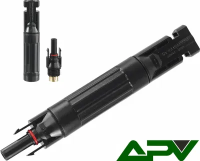 A black solar connector is shown against a white background, with two smaller components to the left.