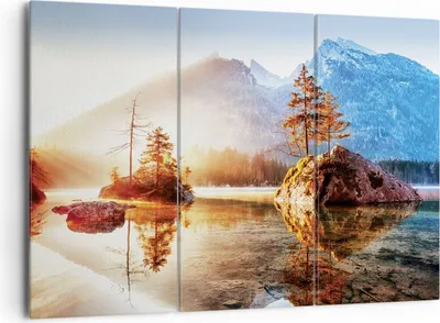 Produktbild von Bild auf Leinwand - Leinwandbild - 3 Teile - Morgendämmerung Berge See - 165x110cm - Wand Bild - Wanddeko - Wandbilder - Leinwanddruck - Bilder - Wanddekoration - Leinwand bilder - CE165x110-4617