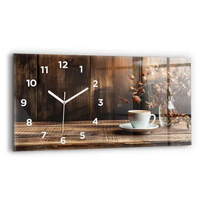 Produktbild von Wallfluent Wanduhr – Stilles Quarzuhrwerk - Uhr Dekoration Wohnzimmer Schlafzimmer Küche - Zifferblatt - weiße Zeiger - 60x30 cm - Tasse Kaffee