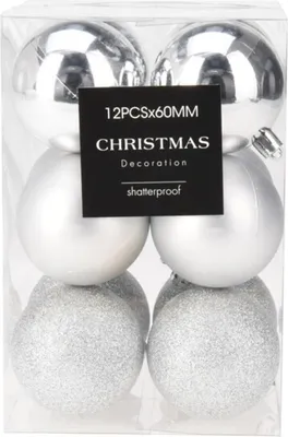 Immagine prodotto di Baubles natalizi in plastica infrangibile - 12 pezzi, diametro 60 mm, argento