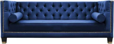Zdjęcie produktu dla Trzyosobowe sofy Chesterfield z tkaniny do salonu w kolorze niebieskim kanapy tapicerowane