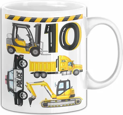 Produktbild von 10. Geburtstag Geschenk Tasse Becher Jungen Jungs Baustelle Polizei Geburtstagsgeschenk 10 (Weiß)