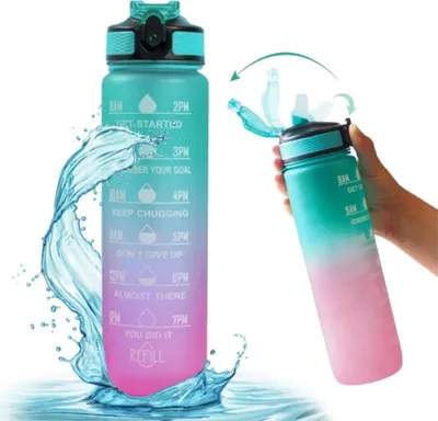 Produktbild von XL Sportflasche Wasserflasche Trinkflasche Flasche 1000 ml – Grün-Rosa