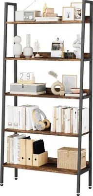 Produktbild von Leiterregal Bücherregal - Anlehnregal - 5 Ebenen, schmal, Holz, für Wohnzimmer/Schlafzimmer/Büro - Braun