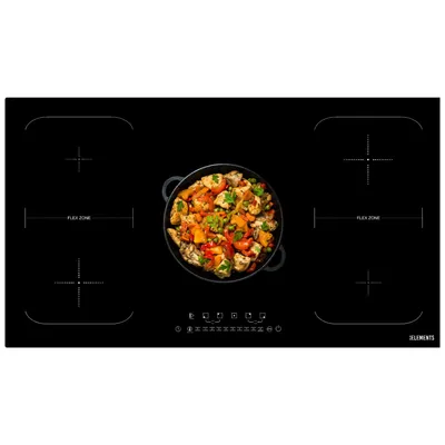 A black induction hob with a pot of food on it.