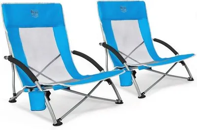 Productafbeelding van Opvouwbare strandstoel - Lichtgewicht campingstoel met lage poten en ademende rugleuning - Blauw, geschikt tot 135 kg