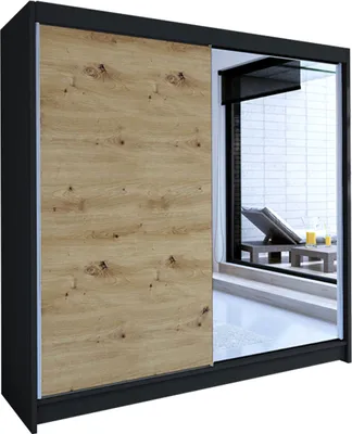 Produktbild von MIRJAN24 Schiebetürenschrank Talin I, Stilvoll Schlafzimmer Kleiderschrank (Farbe: Schwarz  / Artisan Eiche + Spiegel)