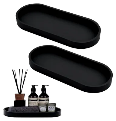 Produktbild von 2 Stück Badezimmer Tablett, Deko Tablett Schwarz Silikon, Ablageschale für Schminktisch, Effiziente Lagerung, Elegantes Deko Badezimmer, Kleines Tablett für Wohnzimmer und Schlafzimmer, Oval