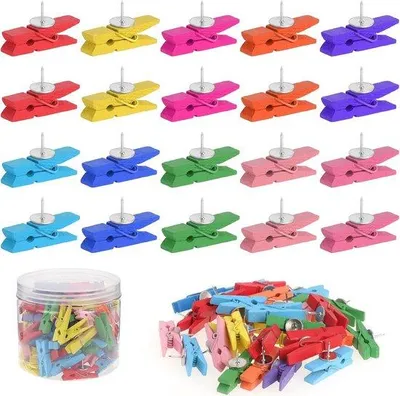 Produktbild von Famanu Push-Pin Clips für Wand und Kork - 100 Stück mit Holzklammern