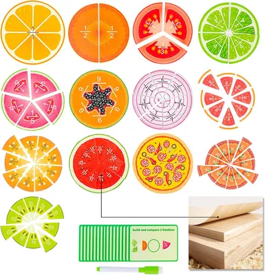 Zdjęcie produktu dla Zabawki Montessori dla dzieci w wieku 5, 6, 7, 8 i 9 lat - Materiał do nauki ułamków - Gry od 5 roku życia - Nauka matematyki - Drewniane zabawki - Prezent dla dziecka w wieku 5 lat