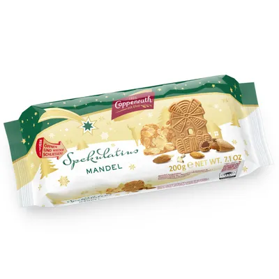 A package of Coppenrath Mandel Spekulatius cookies with festive Christmas-themed graphics.
