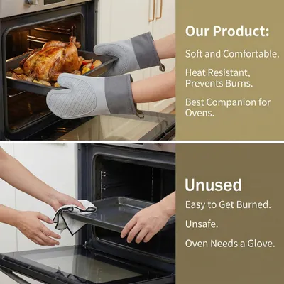Immagine prodotto di Guanti da forno resistenti al calore, grigi, in silicone con cotone, confezione da 2 pezzi, antiscivolo, ideali per la cucina