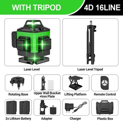Produktbild von Laser-Nivelliergerät - 4D 16 Linien - Selbstnivellierung 3° - 360° horizontal und vertikal - Grüner Laser - Kunststoffkoffer - Stativ - Batterie inklusive