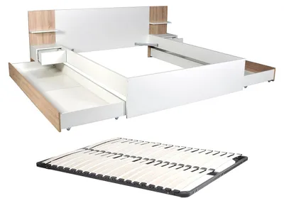 Produktbild von Bett mit Schubladen 160 x 200 cm – Mit 2 Nachttischen und Ablagen – Weiß und Natur + Lattenrost – KLYRANA