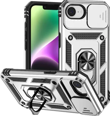 Produktbild von Hülle für iPhone 16e/iPhone 17e mit Schiebe Kamera Schutz und Ringhalter Ständer Hybrid Schutzhülle Silber
