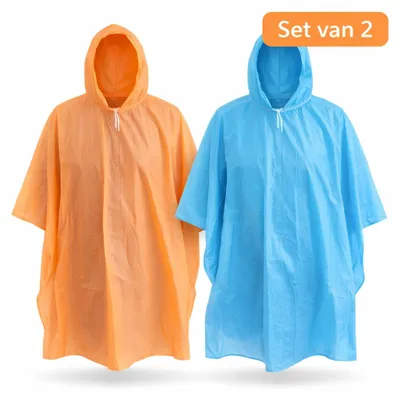 Productafbeelding van Regenponcho Set van 2 voor Volwassenen – Oranje & Blauw – Waterdicht – Herbruikbaar – Uni – Lichtgewicht – Festival & Outdoor