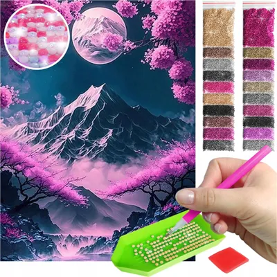 Produktbild von ARTULIO - Diamond Painting Set - Berglandschaft mit rosa Bäumen und Mond - 40 x 30 cm - AB Steine, AB Diamant - Komplettset Mosaik + Zubehör