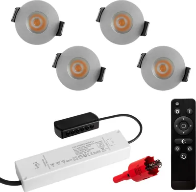 Produktbild von S-Polylight PREMIUM Mini LED- Einbauspots Warmweiss 3.000K, DIMMBAR, IP65, FUNK 3W LED Einbaustrahler Terrassenüberdachung, Terrassenbeleuchtung, Bad, Sauna, LED Spots mit Fernbedienung (SILBER, 4x LED-SET)