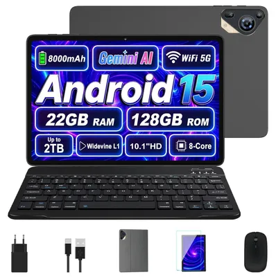 Produktbild von Tablet 10 Zoll mit Android 15 und Gemini AI 22 GB RAM + 128 GB ROM + 2 TB Erweiterbar Octa‑Core Widevine L1 5G‑WLAN 8000 mAh BT 5 mit Tastatur Maus