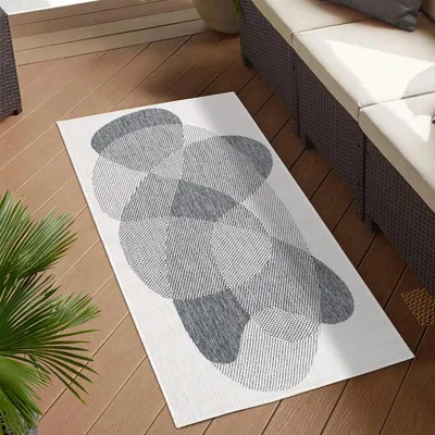 Produktbild von Teppich Outdoor Wetterfest - Grau, Creme - Wendeteppich - 80x150 cm - Abstraktes Geo-Muster
