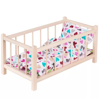 Produktbild von Puppenbett Naturholz Spielzeug Holzspielzeug mit Textilausrüstung Bettwäsche Matratze Kopfkissen Bettdecke Bett für Puppen