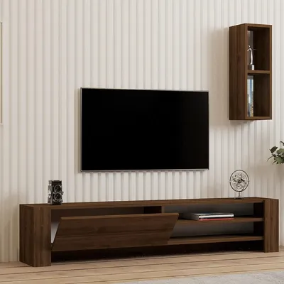 Image de Caraglio - Meuble TV, 160x27x33h cm Noyer, 2 Étagères Marron