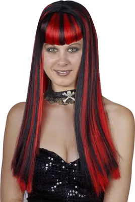 Produktbild von Schwarze Langhaar Perücke mit Pony und roten Strähnen für Frauen