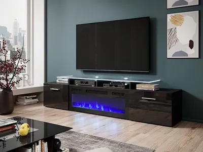 Obrázok produktu pre TV stolík s elektrickým krbom OKEMIA - čierny / lesklý čierny