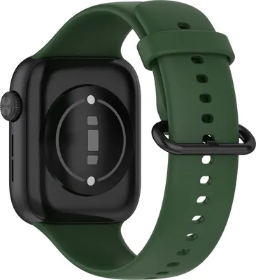 The back of a smartwatch with a dark green silicone strap.