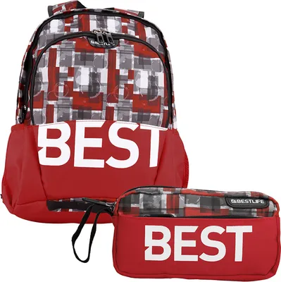 Produktbild von BESTLIFE Uni Rucksack und Federmäppchen im SET „TASKU“ Schultasche Freizeittasche mit Laptopfach bis 15,6 Zoll (39,6cm), rot
