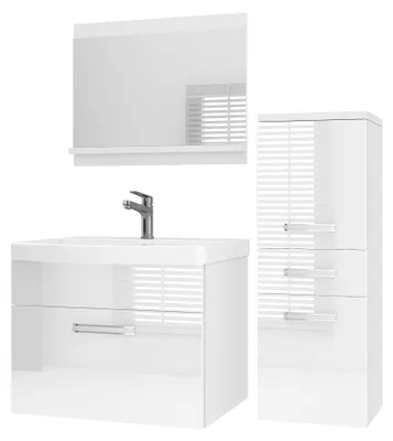 Immagine prodotto di Set di mobili da bagno BELINI PRI P2, 90 cm, bianco lucido - Mobile bagno moderno con lavabo e specchio, completo di tutti gli accessori, da montare a parete