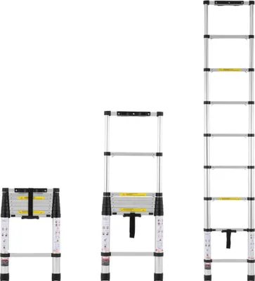 Obrázek produktu pro Teleskopický výsuvný žebřík 2,6 m - Výsuv jedním tlačítkem - Nosnost 170 kg - Robustní konstrukce - Ideální pro vnitřní i venkovní použití