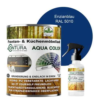 Produktbild von 2 Liter + Anlauger - Contura Küchenmöbellack RAL Möbellack SEIDENMATT SET Möbelfarbe Holzlack Buntlack Küchenlack - RAL 5010 Enzianblau