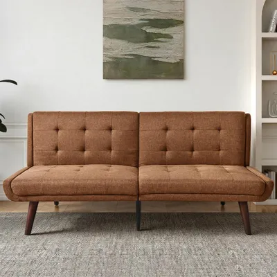 Image de Canapé-lit futon pliable, 146 cm Canapé-lit avec dossier réglable en 5 positions, causeuse moderne pour petits espaces, lit d'appoint et salon, marron