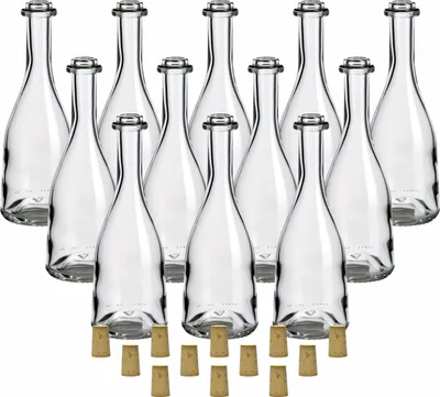 Produktbild von gouveo 12er Set Glasflaschen 200 ml “Rustica” mit Spitz-Korken - Kleine Flaschen aus Glas mit Korken - Design Flasche mit Korkverschluss zum Befüllen von Likör, Schnaps, Öl
