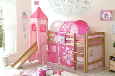 Produktbild von Rutschbett ROBI R XL Buche Natur inkl.Vorhang und Turm Prinzessin-Pink