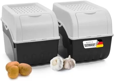 Produktbild von PolkaHome® Kartoffelaufbewahrungsbox, 2 x 9 Liter, weiß, stapelbare Gemüsekiste für Kartoffeln, Zwiebeln und Karotten