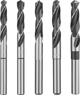 Five HSS spiral drill bits are displayed in a row against a white background.