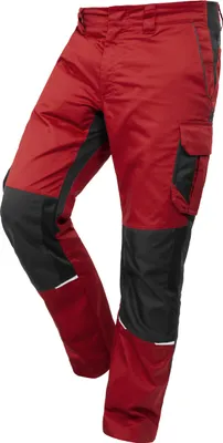 A pair of red and black work pants.