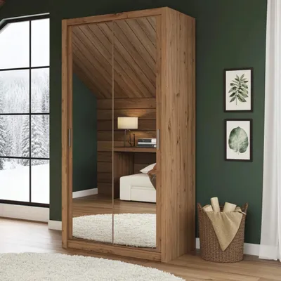 Obrázek produktu pro Šatní skříň Zenit 120 cm s posuvnými dveřmi, dvoudveřová šatní skříň, šatní skříň (barva: dub Artisan, se zrcadlem)