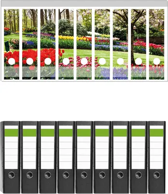 Produktbild von Wallario 9 Stück breite Ordner inkl. Klebeetiketten mit Motive Bunte Blumen und Kirsch-Baum im Park blühen im Frühling -  Set mit Rückenschildern / Ordnerrücken Stickern