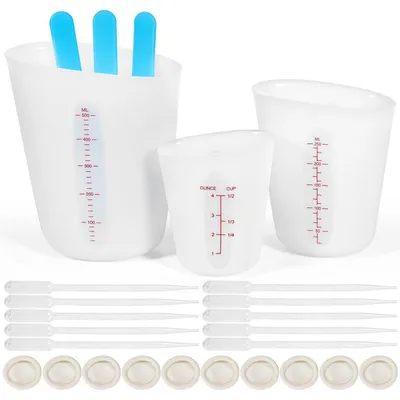 Obrázek produktu pro Sada silikonových odměrných kelímků, 3 kusy (125/250/500 ml), s míchacími tyčinkami, pipetami a aplikátory pro epoxidovou pryskyřici a pryskyřice