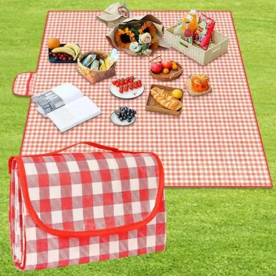 Productafbeelding van Picknickdeken 150 x 200 cm, rood, waterdichte onderkant, opvouwbaar met draaghandvat, wasbaar