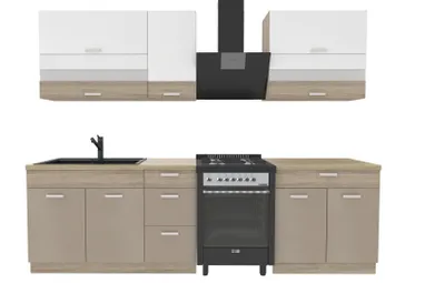 Produktbild von Küchenzeile 270 cm - Sonoma Beige Weiß - Mit Arbeitsplatte Artisan Eiche - METABOX Schubladen - Soft-Close - MDF - Fronten mit Verglasung - PREMIO B