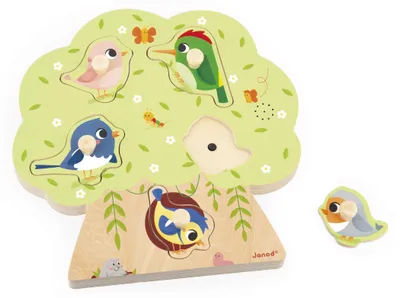 Produktbild von Janod – Holz-Puzzle mit Geräuschen Vögel – 5 Teile, die Vogelgeräusche auslösen