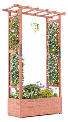 Image de Jardinière surélevée en bois - Bac à fleurs avec treillis - Autoportante - Avec trous de drainage - Pour plantes grimpantes - Dimensions : 110 x 44 x 182 cm