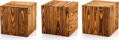 Three wooden cubes are displayed side-by-side against a white background.