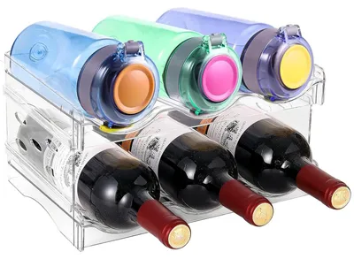 Zdjęcie produktu dla Solidchoice - Stojak na wino, dwupoziomowy, do 6 butelek, wykonany z przezroczystego tworzywa PET, możliwość układania w stos